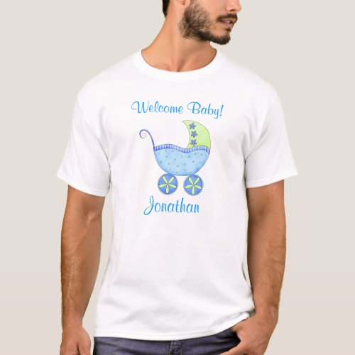 Blue Baby Buggy Welcome Baby Name Personalized Dad T_Shirt