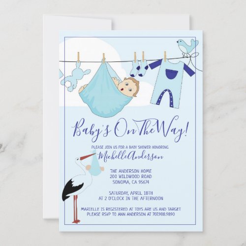 Blue Baby Bundle On Clothesline Baby Shower Invitation