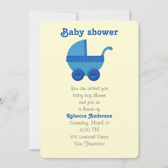 Blue Baby carriage baby boy shower Invitation (Front)