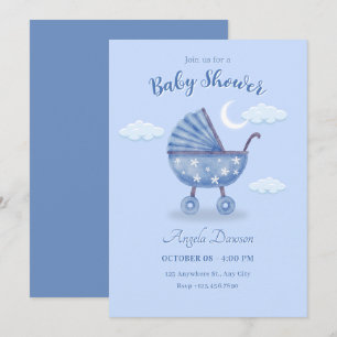 Blue baby carriage baby shower invitation