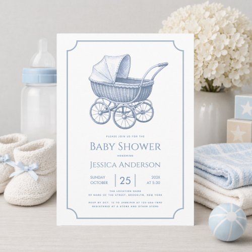 Blue Baby Carriage Pram Vintage Boy Baby Shower Invitation
