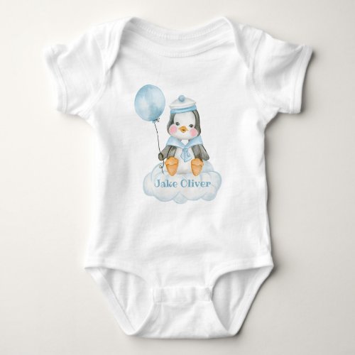 Blue Baby Cartoon Penguin And Cloud Personalized Baby Bodysuit