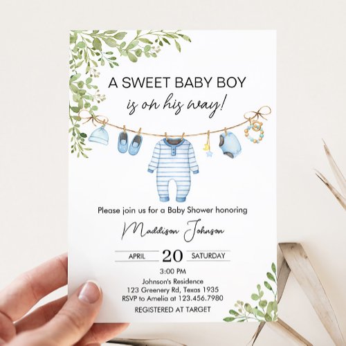 Blue Baby Clothes Baby Shower Invitation