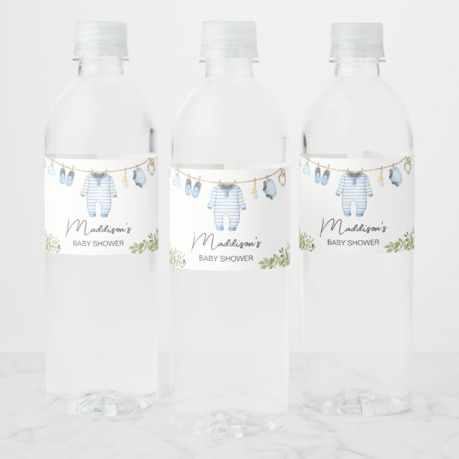 Blue Baby Clothes Baby Shower  Water Bottle Label (Bottles)