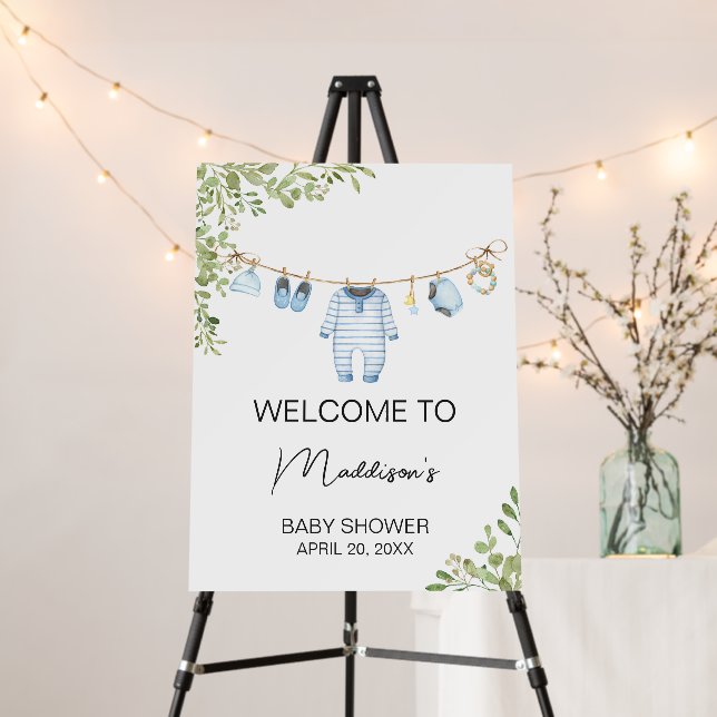 Blue Baby Clothes Baby Shower Welcome Sign (In Situ (Stand))