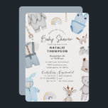 Blue Baby Clothes & Toys Boy Baby Shower Invitation<br><div class="desc">A unique design for a baby boy,  featuring an illustration set of baby clothes,  shoes,  toys and,  rainbows in modern subtle colors including blue light grey,  beige. Personalize your template front and back.</div>