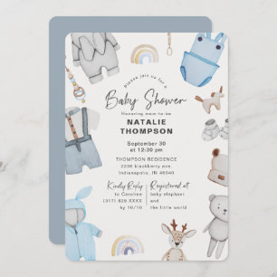 Blue Baby Clothes & Toys Boy Baby Shower Invitation