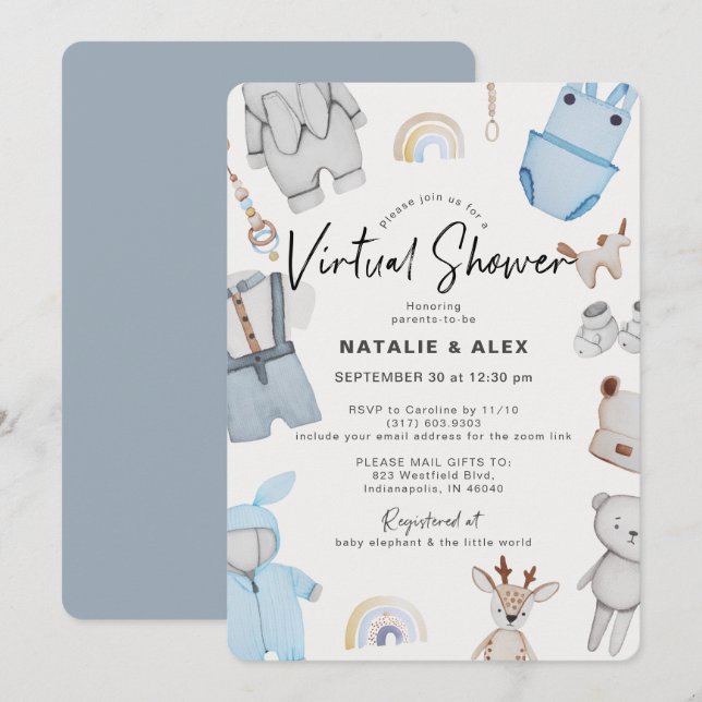 Blue Baby Clothes & Toys Boy Virtual Baby Shower Invitation (Front/Back)