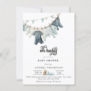 Blue Baby Clothes Watercolor Baby Boy Shower Invitation