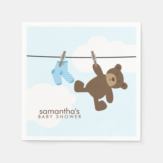 Blue Baby Clothesline and Teddy Bear Paper Napkins (Front)