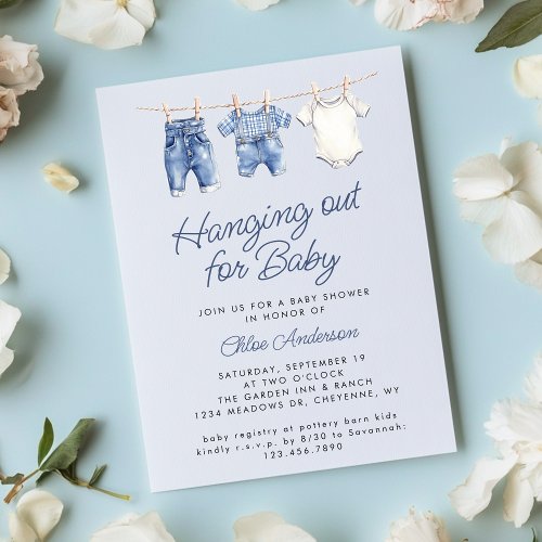 Blue Baby Clothesline Cute Rustic Boy Baby Shower Invitation