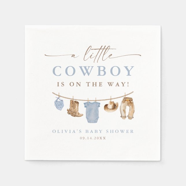 Blue Baby Clothesline Little Cowboy Baby Shower Napkins (Front)