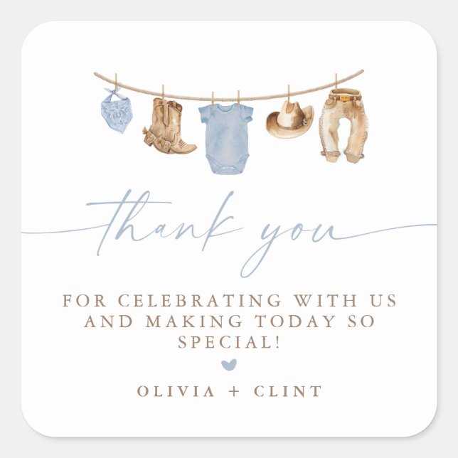 Blue Baby Clothesline Little Cowboy Baby Shower Square Sticker (Front)