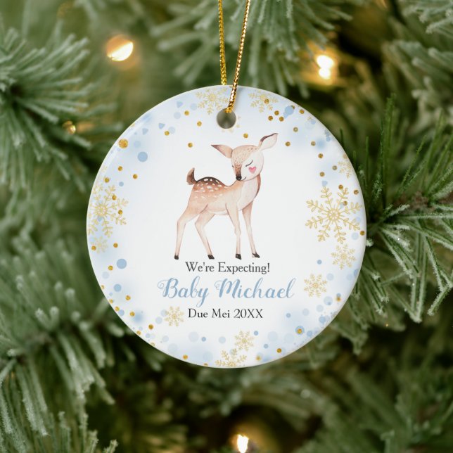 Blue Baby Deer Animal We're Expecting Parents  Ceramic Ornament (Tree)