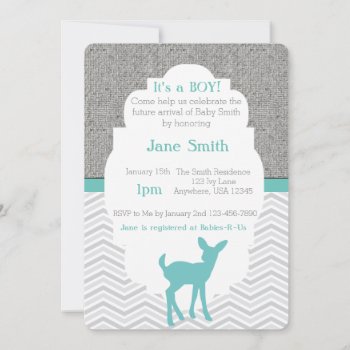 Blue Baby Deer Burlap Chevron Baby Shower Invite by CardinalCreations at Zazzle