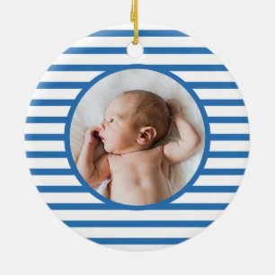 Blue Baby Dino   First Christmas Blue Stripe Chic Ceramic Ornament