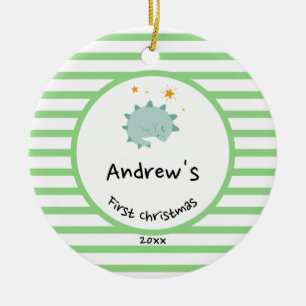 Blue Baby Dino First Christmas Green Stripe Ceramic Ornament