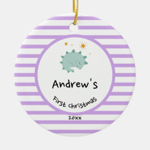 Blue Baby Dino First Christmas Purple Stripe Ceramic Ornament