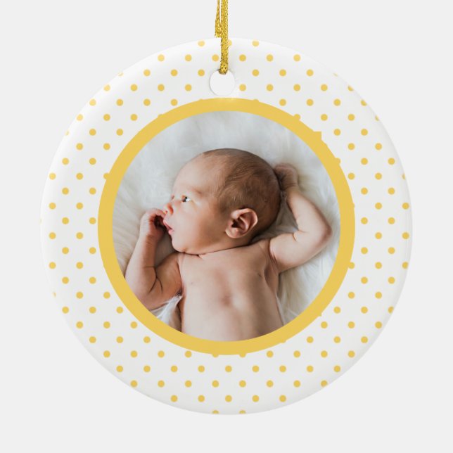Blue Baby Dino | First Christmas Yellow Polka Dot Ceramic Ornament (Back)