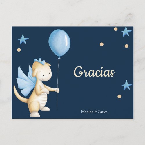 Blue Baby Dragon Spanish Thank You Baby Shower Postcard