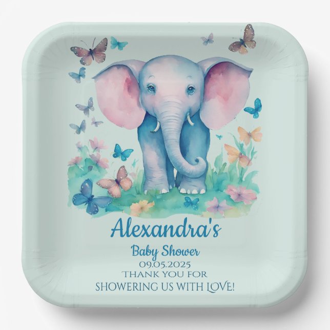Blue Baby Elephant Baby Shower  Paper Plates (Front)