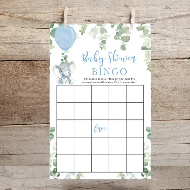 Blue baby elephant balloons baby shower bingo game (Creator Uploaded)