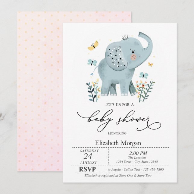 Blue Baby Elephant Butterfly Dots Baby Shower  Invitation (Front/Back)