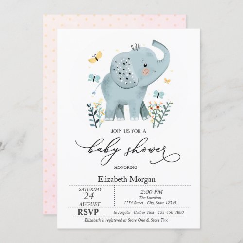 Blue Baby Elephant Butterfly Dots Baby Shower  Invitation