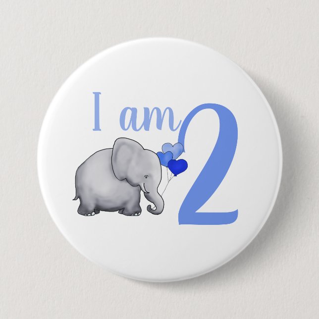 Blue Baby Elephant Custom Name & Age 2nd Birthday Button (Front)