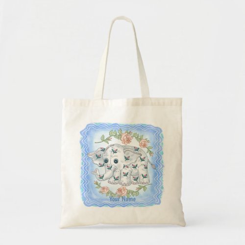 Blue Baby Elephant custom name  tote bag