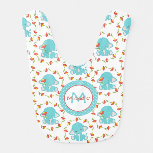 Blue Baby Elephant Flower Circle Monogram Baby Bib (Front)