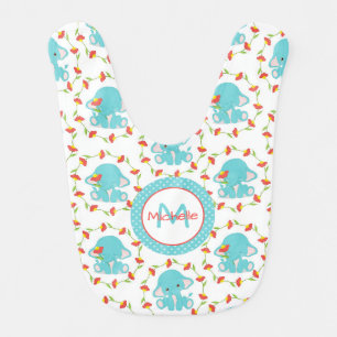 Blue Baby Elephant Flower Circle Monogram Bib