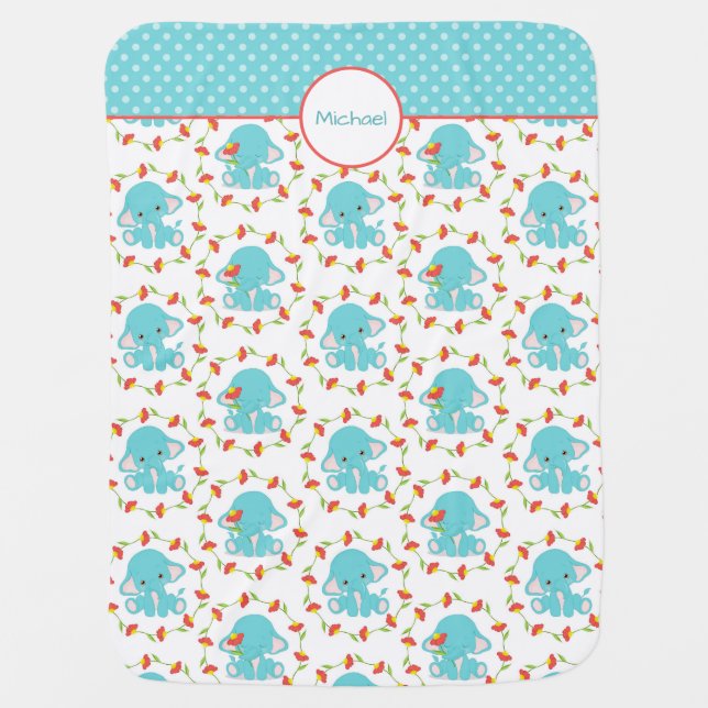 Blue Baby Elephant Flower Circle Pattern Blanket (Front)