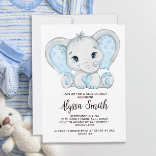 Blue Baby Elephant Little Boy Baby Shower Invitation