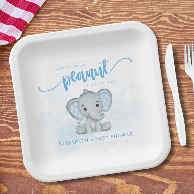 Blue Baby Elephant Little Peanut Baby Shower Paper Plates (Creator Uploaded)