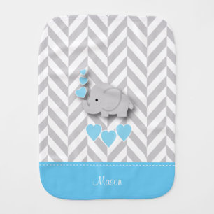 Blue Baby Elephant on Gray Chevron Pattern Burp Cloth