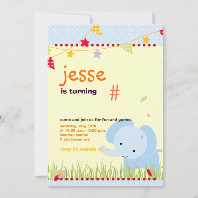Blue Baby Elephant Personalized Party Invitation (Front)