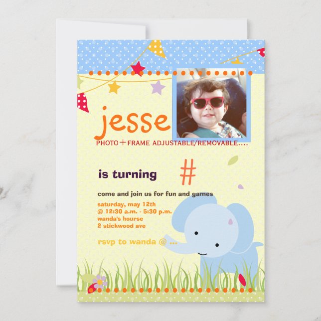 Blue Baby Elephant Personalized Party Invitation (Front)