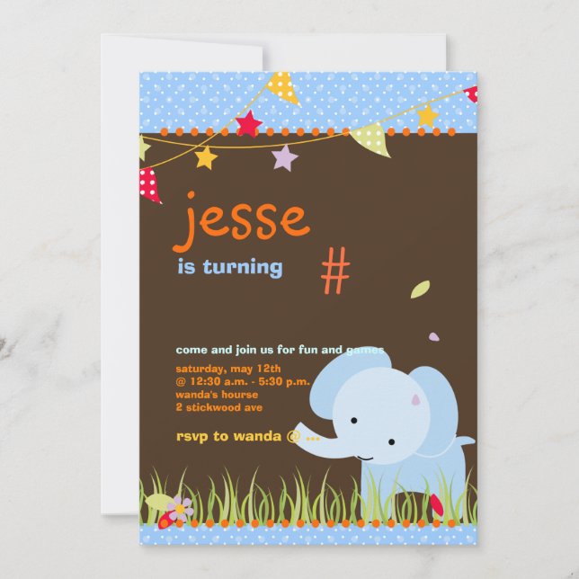 Blue Baby Elephant Personalized Party Invitation (Front)