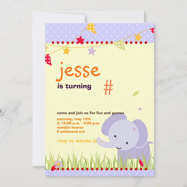Blue Baby Elephant Personalized Party Invitation (Front)