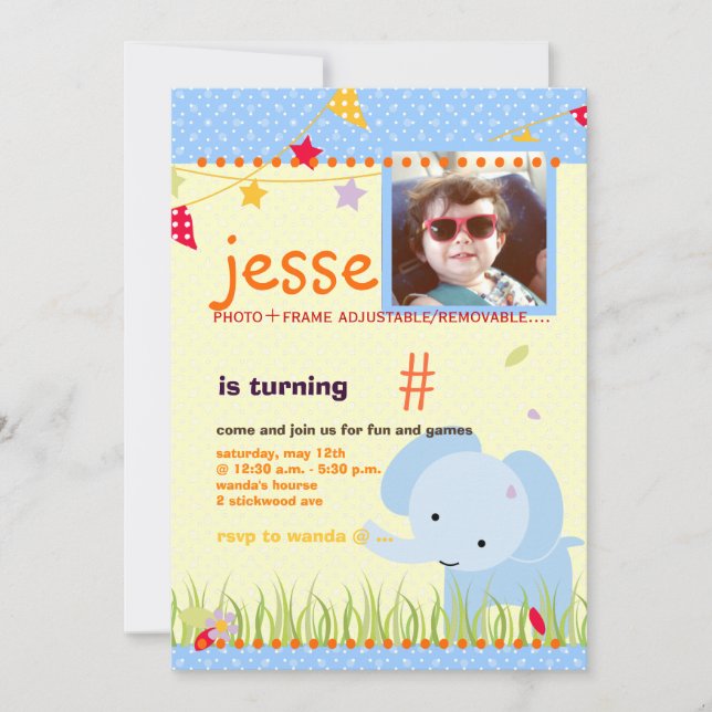 Blue Baby Elephant Personalized Party Invitation (Front)