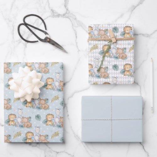 Blue Baby Elephant Rhino Lion  Wrapping Paper Sheets
