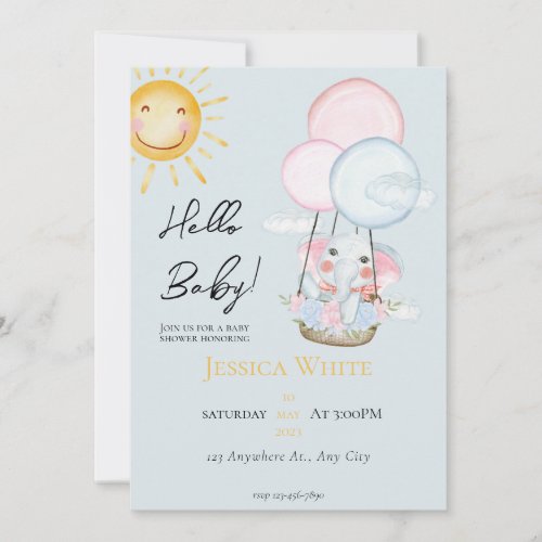 Blue Baby Elephant Theme Baby Shower Invitation