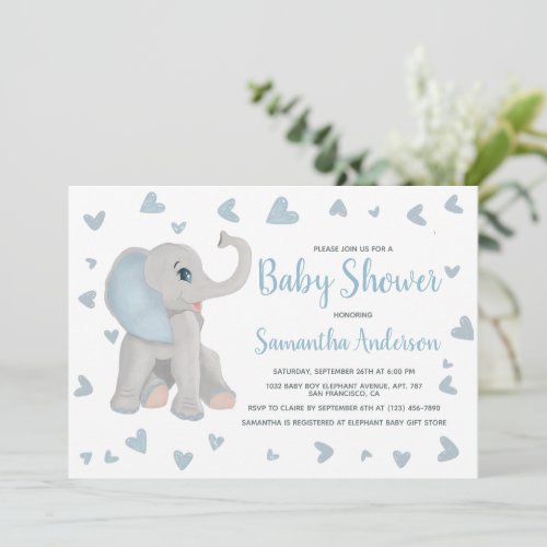 Blue Baby Elephant Watercolor Baby Shower Photo Invitation