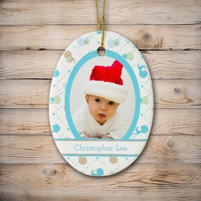 Blue Baby Elephants First Christmas Photo Template Ceramic Ornament (Creator Uploaded)