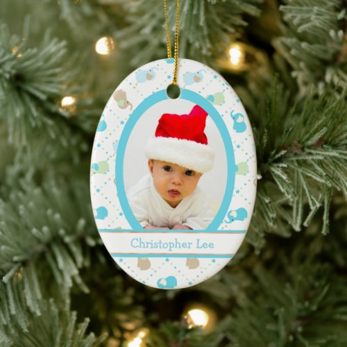 Blue Baby Elephants First Christmas Photo Template Ceramic Ornament