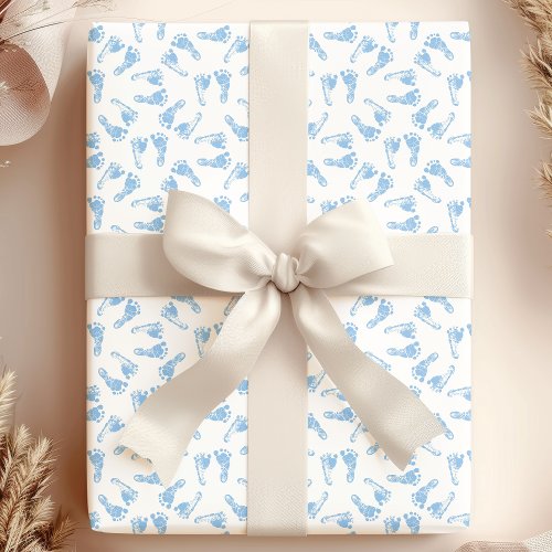 Blue Baby Feet Footprints Baby Shower Pattern Wrapping Paper