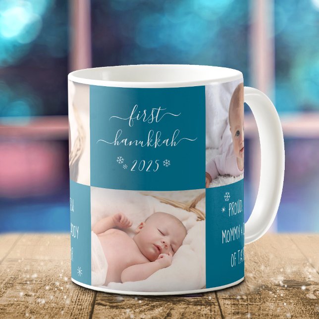Blue Baby First Hanukkah New Mom Dad 4 Photo Name Coffee Mug (Creator Uploaded)