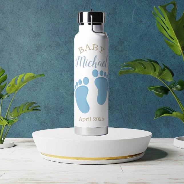 Blue Baby Footprints Name Water Bottle (Creator Uploaded)