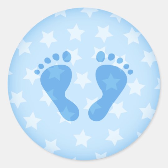 Blue baby footprints on a starry background classic round sticker ...